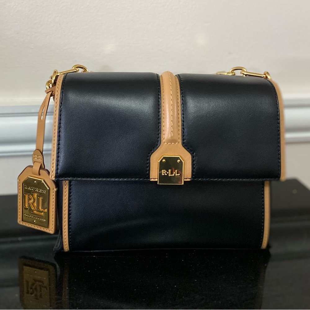 Lauren Ralph Lauren Black and Tan Crossbody Bag with Gold Accents